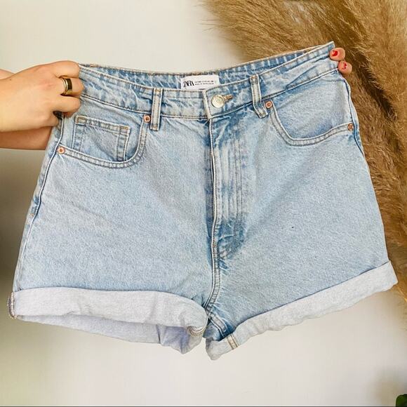 ZARA Light Wash Denim High Rise Mom Straight Jeans Roll Up Hem Vintage Shorts 8 - Picture 9 of 12
